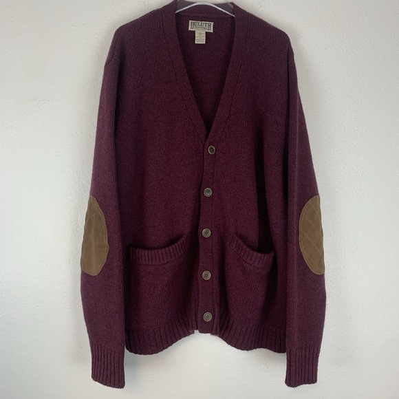 Duluth Trading Shetland Wool Cardigan Sweater Men 2XL Maroon Elbow Patch Grandpa - Picture 1 of 9